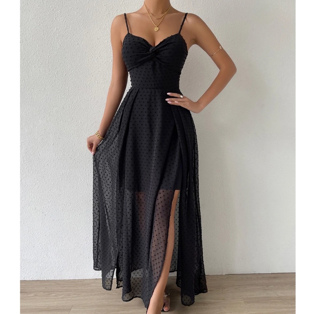 Black V-Neck Backless Maxi Dress Backless, Tie Back, Twist Front Swiss Dot